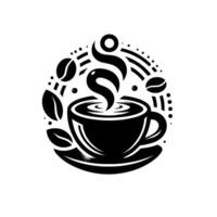 Stylized Coffee Cup with Steam, Beans, and Leaves in Circular Black and White . vector