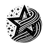 Dynamic Black Star Composition with Swirling Stripes, Geometric Patterns, and Radiant, Sparkling Stellar Accents on White Background vector