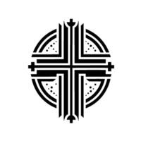 Geometric Black and White Cross with Circular Elements and Dotted Accents on White Background. vector