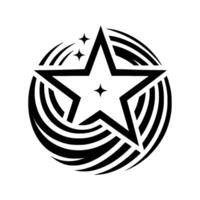 Bold black and white star with concentric swirling lines and smaller stars, symbolizing energy and movement. vector