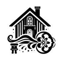 A Stylized Black and White Home with Decorative Flourishes, a Key Feature, and a Small Ornament, on a White Background. vector