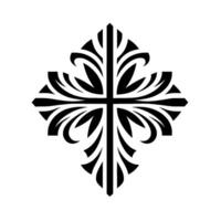 Symmetrical Black and White Elegant, Ornate Cross Adorned with Stylized Floral Elements on White Background vector