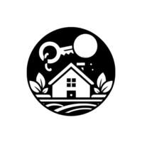 Circular Monochromatic Illustration Home Key Representing Property Ownership, Real Estate, and Safe Environment, Framed by Leaves, Field, and Celestial Body. vector