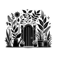 Black and White Garden Scene A Decorative Gate Surrounded by Flourishing Plants, Pots, and Watering Can. vector