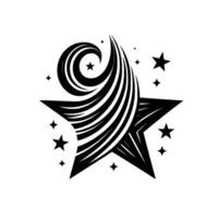 Black and White Starburst with Swirling Lines and Surrounding Stars on a White Background. vector