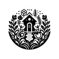 Circular black white folk art illustration depicting a house surrounded by stylized flowers, plants, and dots, creating a symmetrical, harmonious . vector