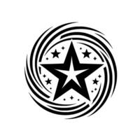 Black Starburst Featuring a Large, Centered Star Surrounded by Concentric Swirling Lines and Smaller Stars, on White. vector