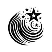 Dynamic Black and White Illustration of Shooting Stars, Crescent Trails, and Starbursts on a Clean White Background. vector