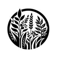 Black and White Illustration of Diverse Plants and Crops Silhouetted Within a Circular Frame, Showcasing Natures Variety. vector