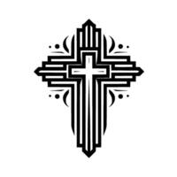 Modern Minimalist Cross Illustration in Black and White with Geometric Lines and Ornate , Symbolic of Faith. vector