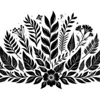 Symmetrical Black and White Floral Arrangement with Varied Leaf Shapes and a Single Central Flower, on White Background. vector