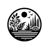 Circular Black and White Minimalist Illustration of a Nature Scene Trees, Birds, and Sun, within a Decorative Frame. vector