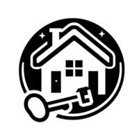 Black and white minimalist features a house within a circle, key, and shining stars, symbolizing home ownership and real estate. vector