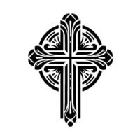 Ornate Black and White Christian Cross with Circular , Elegant, Floral Embellishments, Isolated on White. vector