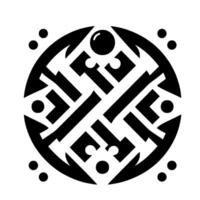 Intricate geometric black and white pattern within a circle, featuring stylized shapes, dots, and symmetrical arrangement, minimalist and abstract. vector