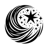 of a celestial featuring a large central star surrounded by a constellation of smaller stars, crescentshaped streaks in monochrome. vector