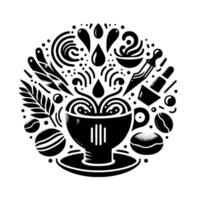 Stylized Black and White Coffee Composition Central Cup with Coffee Elements and Surrounding Drip, Bean, Leaf, and Tool Motifs in Circular . vector