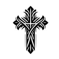 Intricate Black and White Christian Cross with Ornate Foliage Elements Against a Textured White Backdrop, Detailed and Decorative. vector