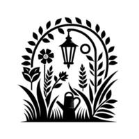 Serene Garden Vignette Black and white illustration of a stylized garden scene with a lantern, flowers, foliage, and a watering can in a graceful arch. vector