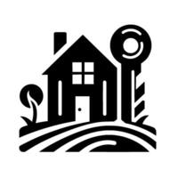 Silhouette of a house, a large key, a small tree, and rolling hills, all in solid black and white, symbolic of home ownership. vector