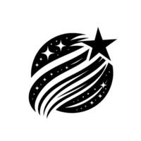 A stylized black and white featuring a fivepointed star with a stylized comet tail, and a dark oval representing a planet. The oval is adorned with stars. vector