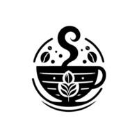 Minimalist black and white featuring a stylized coffee cup with steam, beans, and a floral element, circular frame. vector
