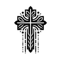 Intricate Black and White Ornamental Cross Featuring Floral Elements, Dots, and Lines on a Plain White Background. vector