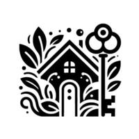 Monochromatic Black House Emblem with Key, Leaves, and Organic Elements, Representing Home, Nature, and Security. vector