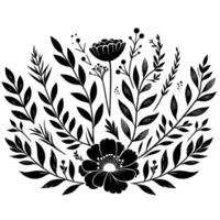 Black and White Floral Arrangement A symmetrical composition featuring various flower types and leafy branches, creating a decorative, botanical illustration. vector