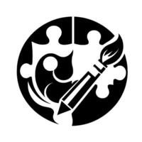 Monochrome artistic featuring a stylized paintbrush within a puzzlepiece circle, symbolizing creative problemsolving and artistic . vector