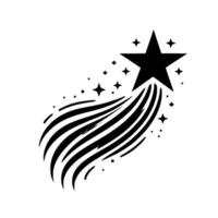 Black White Illustration of a FivePointed Star with Trail and Surrounding Starburst Elements on a White Background. vector
