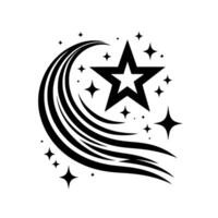 Black and White Illustration of a Large Star with a Starry Trail and Surrounding Twinkling Stars Against a White Background. vector