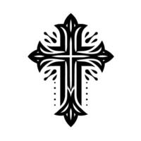 Ornate Black and White Cross with Floral and Abstract Elements on a Clean White Background, Symbol of Faith and Elegance. vector