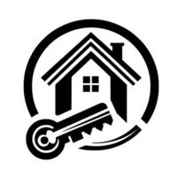Symbolic Real Estate Featuring a House, Key, and Circle in a Monochromatic, Simplistic on White vector
