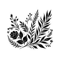 Elegant black and white floral illustration featuring a central flower and array of stylized leaves and sprigs on white backdrop. vector