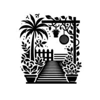 Black and White Silhouette of a Serene Garden Pathway with Palm Tree, Fence, Hanging Planter, and Decorative Features, Minimalist . vector