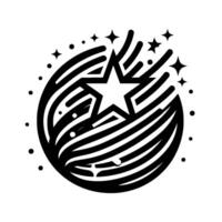 Abstract black and white of a central star in a circular shape, surrounded by shooting star lines and other stars. vector
