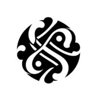 Abstract Black and White Circular Featuring Intricate Intertwined Lines, Curves, and Dot Accents on White Backdrop. vector
