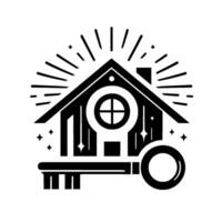 Elegant black and white illustration of a house, with radiating lines, a crossshaped window, and a key, symbolizing home ownership and security. vector