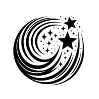A minimalist, circular black and white featuring swirling lines, sparkling stars, and a celestial aesthetic, creating a visual vortex. vector