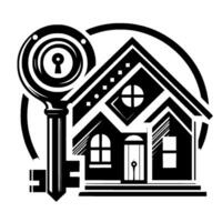 Symbolic Monochromatic Real Estate House and Key Combined within a Circle for Home Security and Ownership. vector