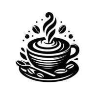 Monochrome Coffee Delight An Artistic Illustration of a Steaming Cup, Beans, and Saucer, Evoking Warmth and Invigoration. vector