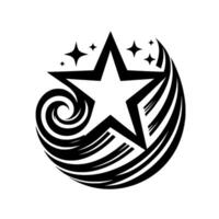 Stylized Black White Starburst Emblem A large star within a swirling, dynamic , accented with smaller stars and flowing lines. vector