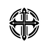Ornate Black Cross Within a Circle, Symmetrical , Isolated on White Background, Element, Art, Emblem. vector
