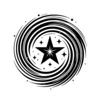 Black and white circular with a star in the center, surrounded by swirling lines and additional smaller stars, creating a celestial and dynamic composition. vector