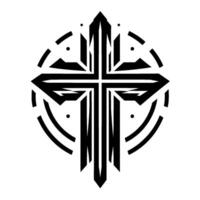 Monochromatic, stylized Christian cross illustration within a circle, geometric in bold black lines against a white background. vector