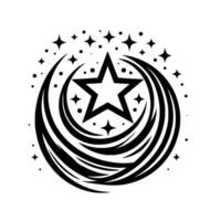Black and White Starburst A fivepointed star encircled by flowing curved lines and smaller star accents against a white background. vector
