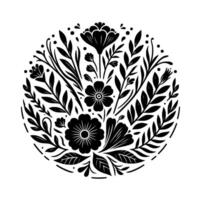 Circular Botanical Illustration Intricate black and white , featuring stylized flowers, leaves, and sprigs arranged within a dotted border. vector