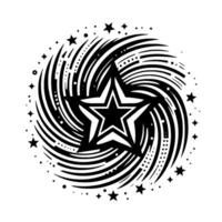 Black and white stylized illustration of a central star within a swirling vortex of lines and dotted starfield. vector