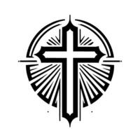 Elegant, Black and White, Geometric Cross Within a Circular Frame, Radiating Rays, Symbolic Representation of Faith and Spirituality. vector